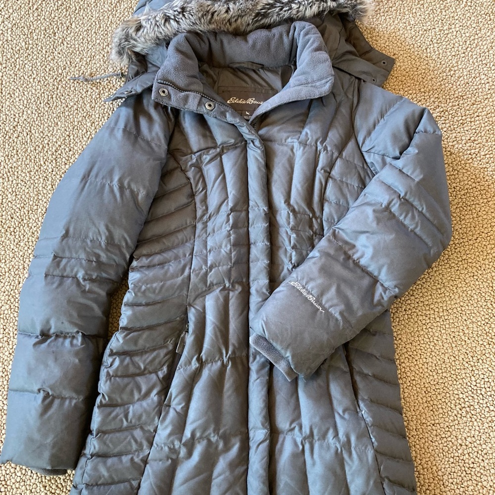 Eddie Bauer down hooded puffer jacket, XS, slate gray